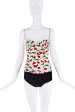 John Galliano White Red Green Cherry Ladybug Print Corset Top