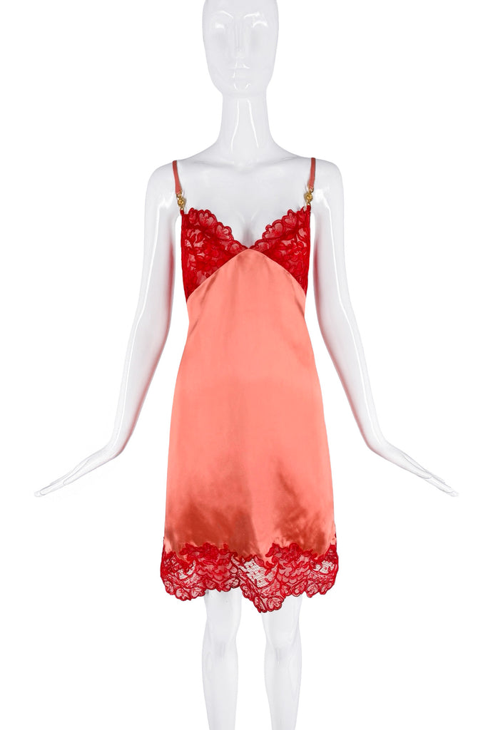 Versace Red Silk Satin Lace Medusa Logo Strap Slip Dress