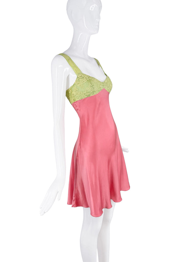 Blumarine Pink Green Satin Silk Floral Lace Slip Dress
