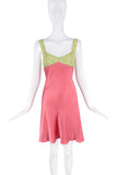 Blumarine Pink Green Satin Silk Floral Lace Slip Dress