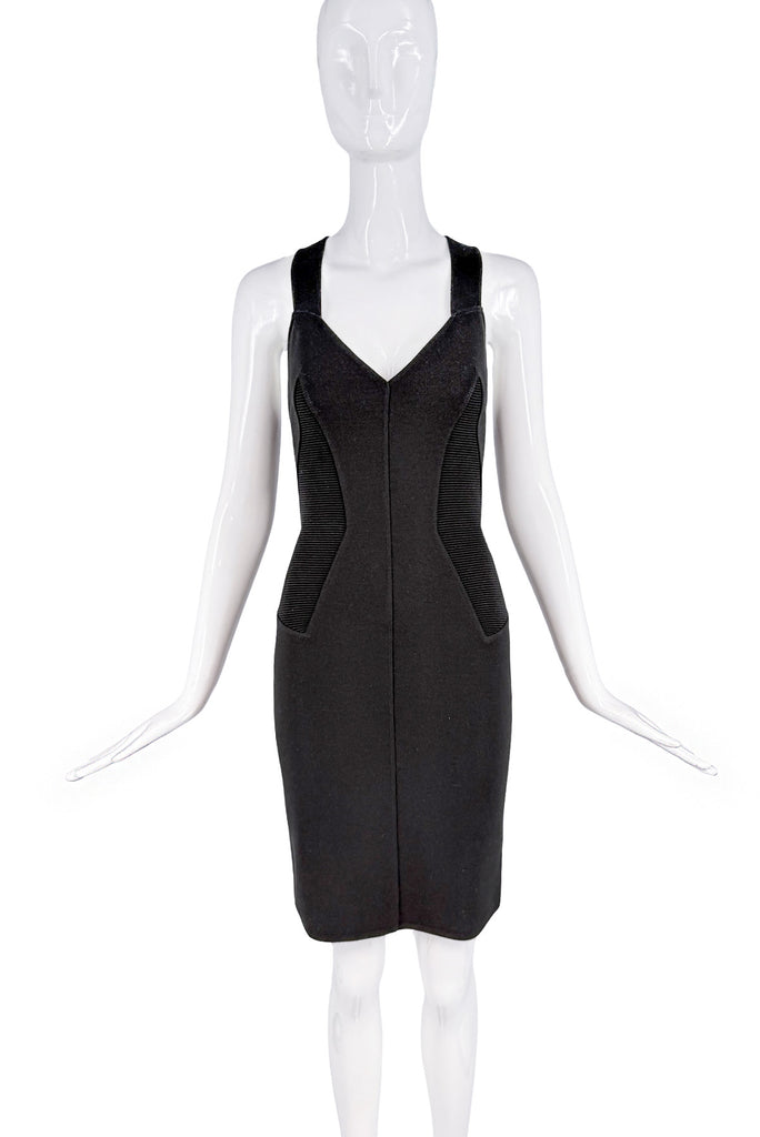 Alaia Black Ribbed V Neckline Bodycon Midi Dress