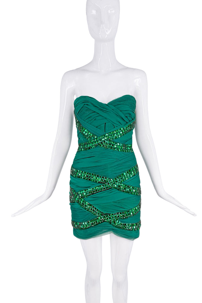Balmain Green Gemstone Cross Ruched Bodycon Bustier Mini Dress SS2009