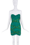 Balmain Green Gemstone Cross Ruched Bodycon Bustier Mini Dress SS2009