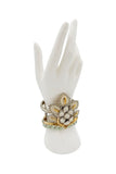 Roberto Cavalli Silver Gold Green Pavé Crystal Leaf Embellished Enamel Cuff Bracelet