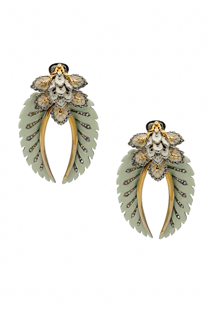 Roberto Cavalli Gold Silver Green Pavé Crystal Leaf Embellished Enamel Earrings