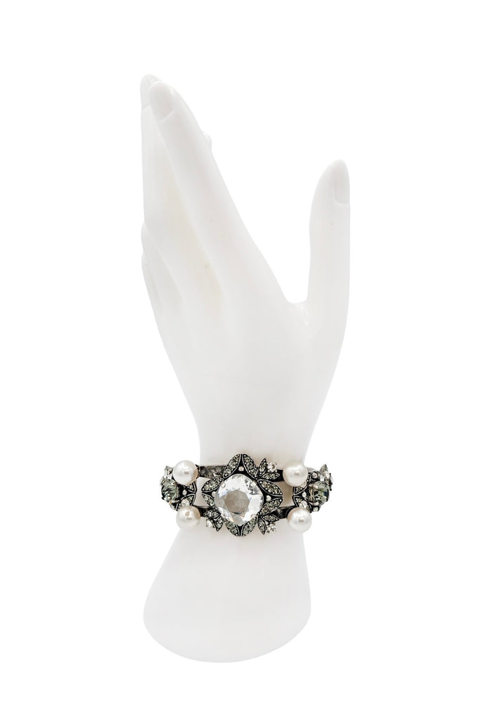Lanvin Silver Crystal Pearl Embellished Cut Out Cuff Bracelet