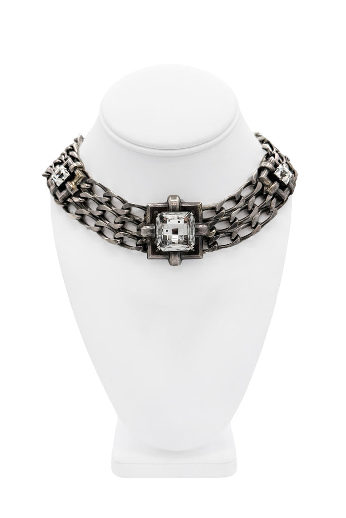 Vintage Blackened Silver Multi Chain Crystal Rhinestone Pendant Collar Necklace