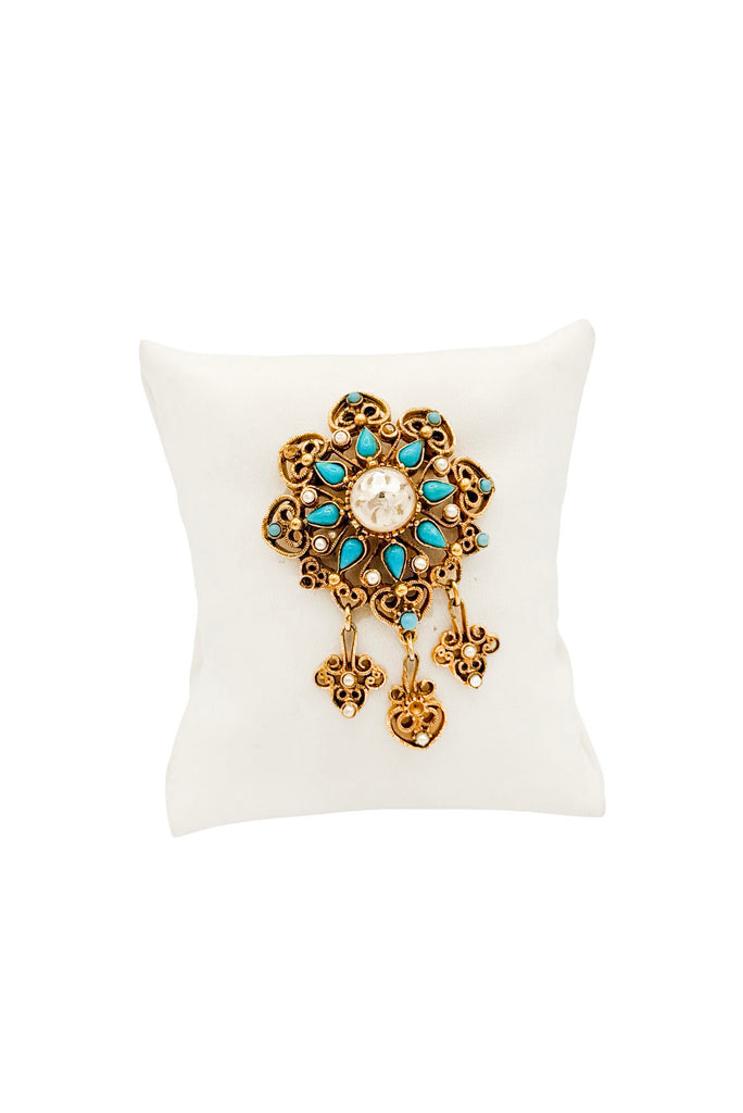 Vintage Gold Pearl Blue Turquoise Stone Embellished Flower Broach Accessory
