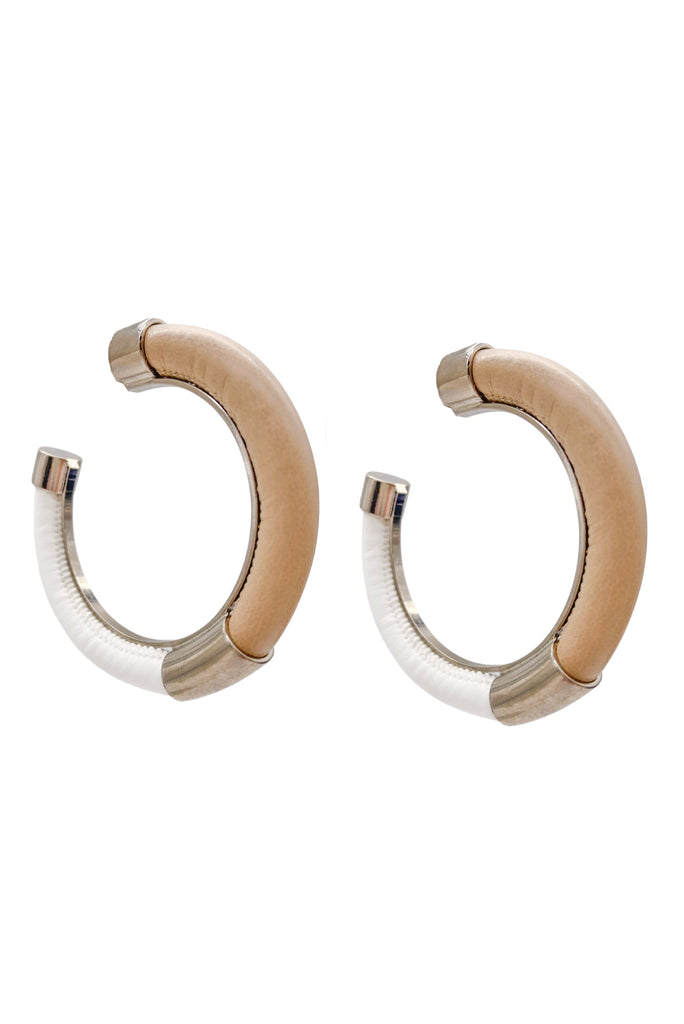 Armani Tan & White Leather Hoop Earrings with Silver-Tone Hardware