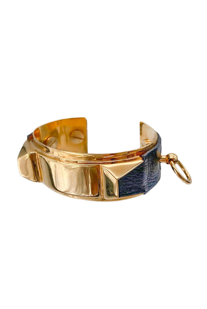 Faith Connection Gold Pyramid Stud Cuff Bracelet with O-Ring and Leather Detail