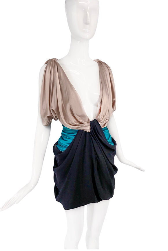 Vionnet Color Block Tan, Green and Black Satin Mini Dress FW2010