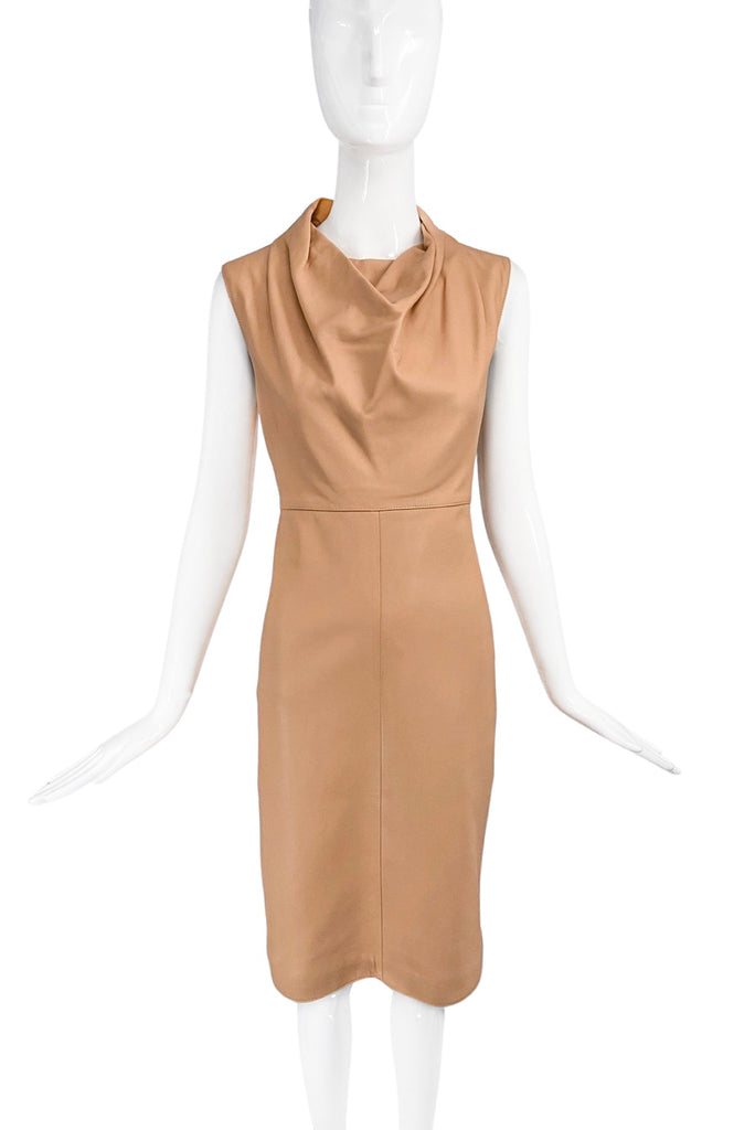 Mulberry Tan Leather Shift Dress with Draped Cowl Neckline