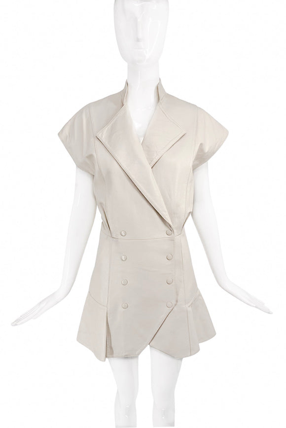 Retrofête Ivory Leather Double Breasted Vest Mini Dress