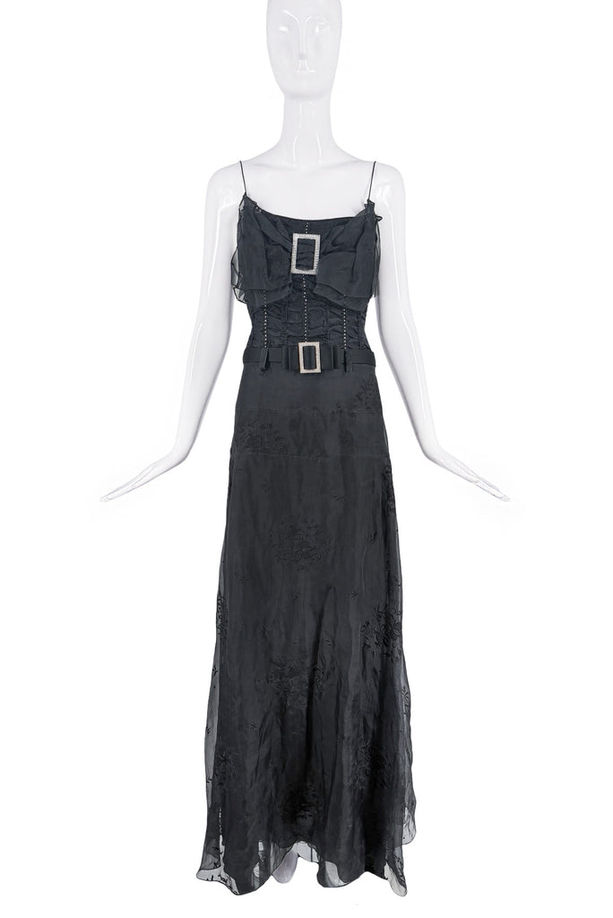 John Galliano Black Embroidered Bow Crystal Buckle Belt Dress Gown SS2002