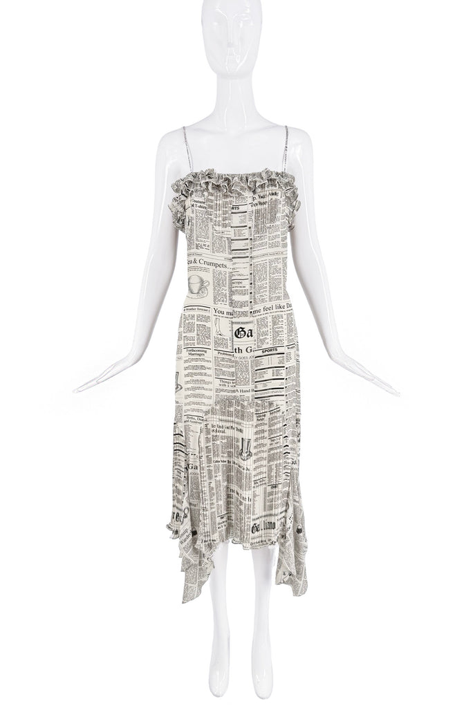 John Galliano White Black Newspaper Print Ruffle Pleated Dress