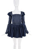 Mikael Kale Navy Blue White Stripe Corset Pleated Peplum Mini Dress