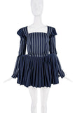 Mikael Kale Navy Blue White Stripe Corset Pleated Peplum Mini Dress