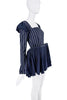 Mikael Kale Navy Blue White Stripe Corset Pleated Peplum Mini Dress