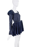 Mikael Kale Navy Blue White Stripe Corset Pleated Peplum Mini Dress