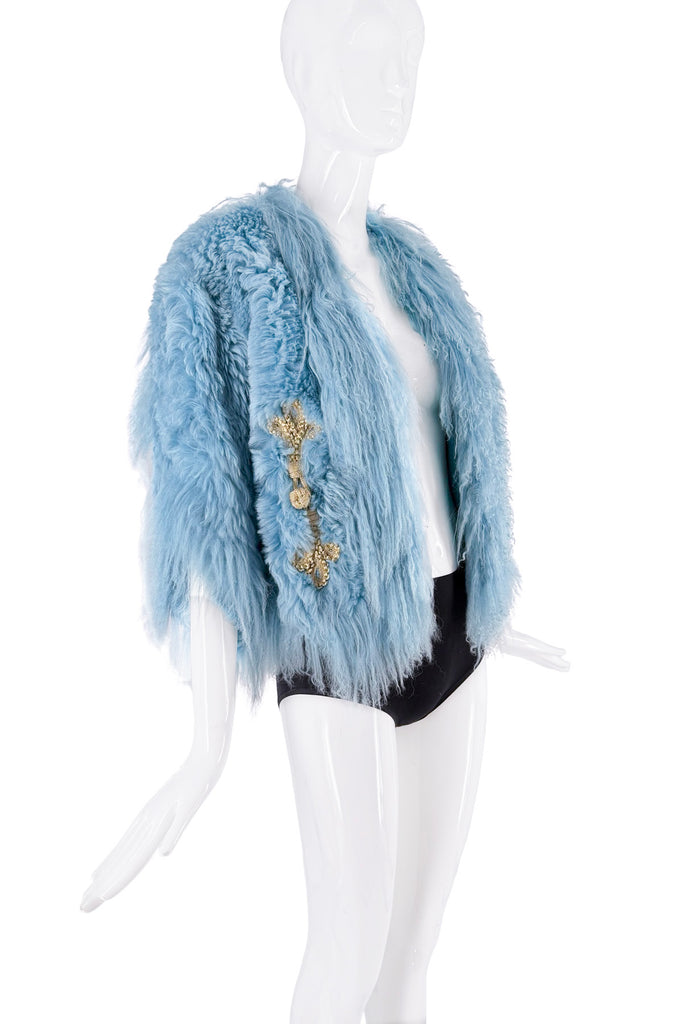 Roberto Cavalli Blue Gold Embroidered Fur Jacket Coat
