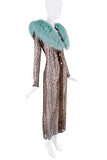 Dolce & Gabanna Brown Cheetah Print Sheer Button Down Dress W/ Blue Fur Stole