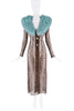 Dolce & Gabanna Brown Cheetah Print Sheer Button Down Dress W/ Blue Fur Stole