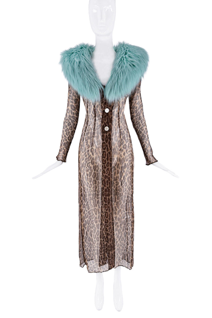 Dolce & Gabanna Brown Cheetah Print Sheer Button Down Dress W/ Blue Fur Stole