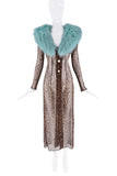 Dolce & Gabanna Brown Cheetah Print Sheer Button Down Dress W/ Blue Fur Stole