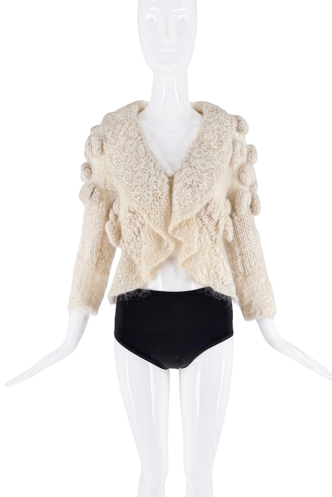 John Galliano White Creme Knit Crochet Lace Ball Sweater