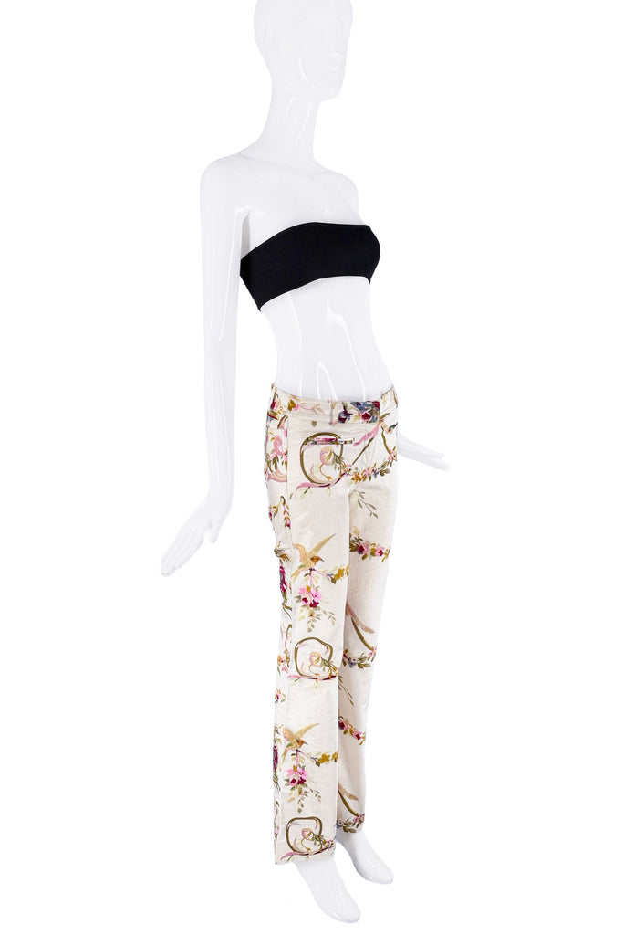 Christian Dior Creme Corduroy Pink Green Floral Bird Print Pants