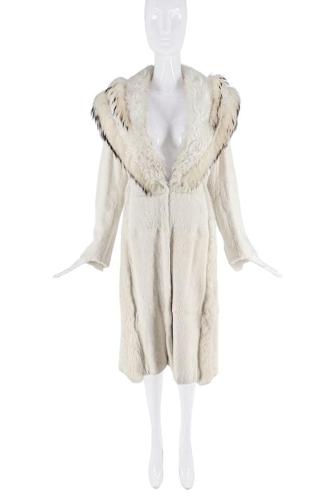 Roberto Cavalli White Fur Long Black Accent Coat