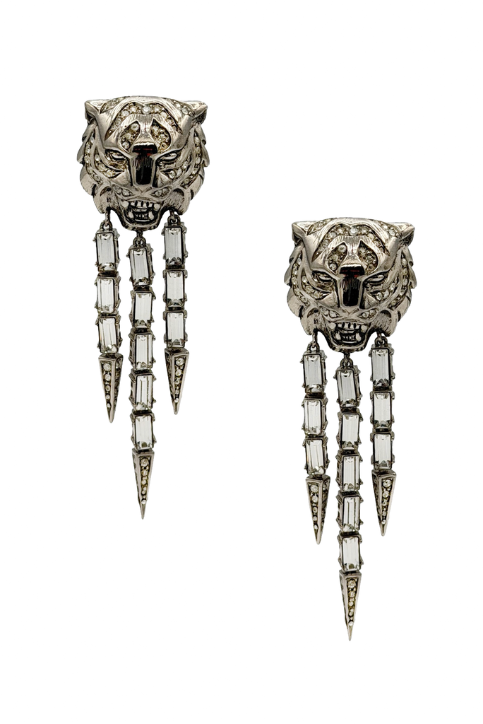 Roberto Cavalli Silver Rhinestone Crystal Tiger Head Fringe Drop Earrings