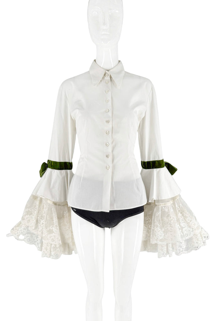 Dolce & Gabbana White Green Velvet Ties Lace Sleeves Button Up Shirt