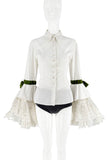 Dolce & Gabbana White Green Velvet Ties Lace Sleeves Button Up Shirt