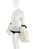 Dolce & Gabbana White Green Velvet Ties Lace Sleeves Button Up Shirt