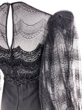 Galanos Black Evening Mini Dress with Lace Sleeves and Bead Details