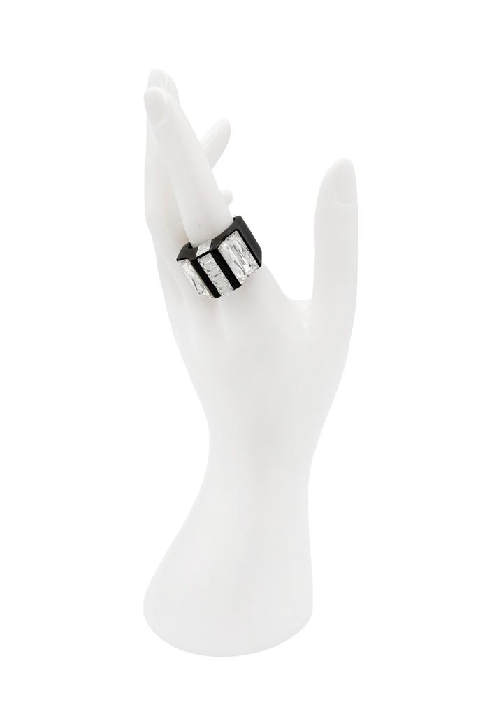 Balmain Black Resin Clear Rhinestone Crystal Geometric Cocktail Ring