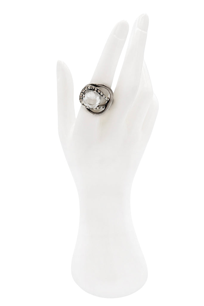 Vintage Silver Pavé Crystal Rhinestone Fold Over Loop Cut Out Ring