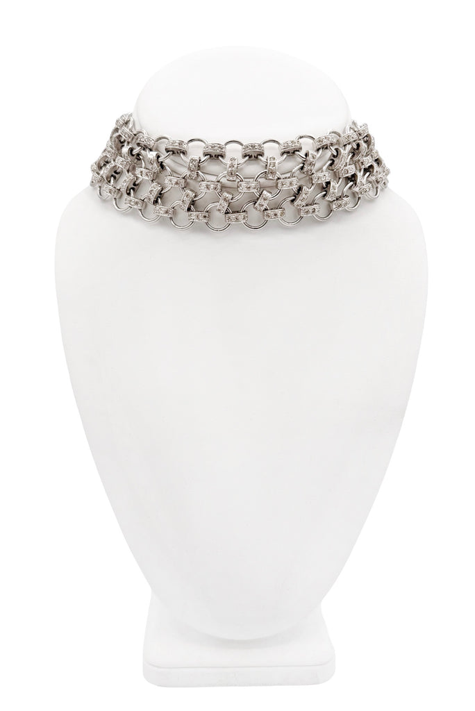 Versace Silver Pavé Crystal Three Row Chain Link Choker Necklace