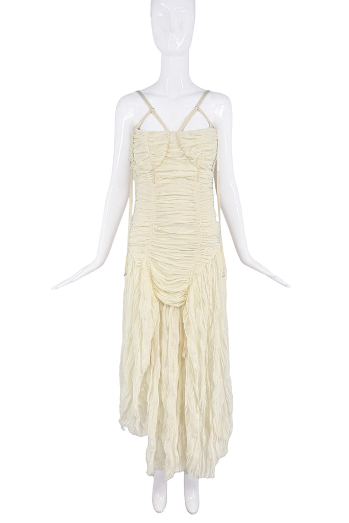 Elena Velez Creme Ruched Drape Harness Drop Waist Bias Cut Dress Gown
