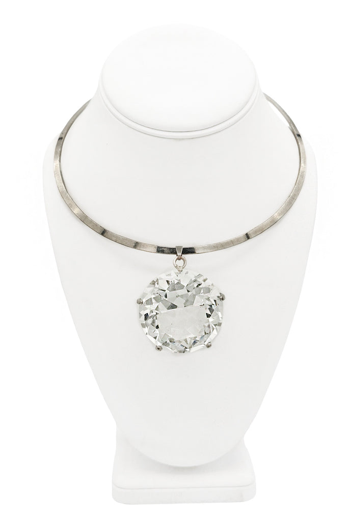 Vintage Silver Metal Choker XL Crystal Pendant Necklace