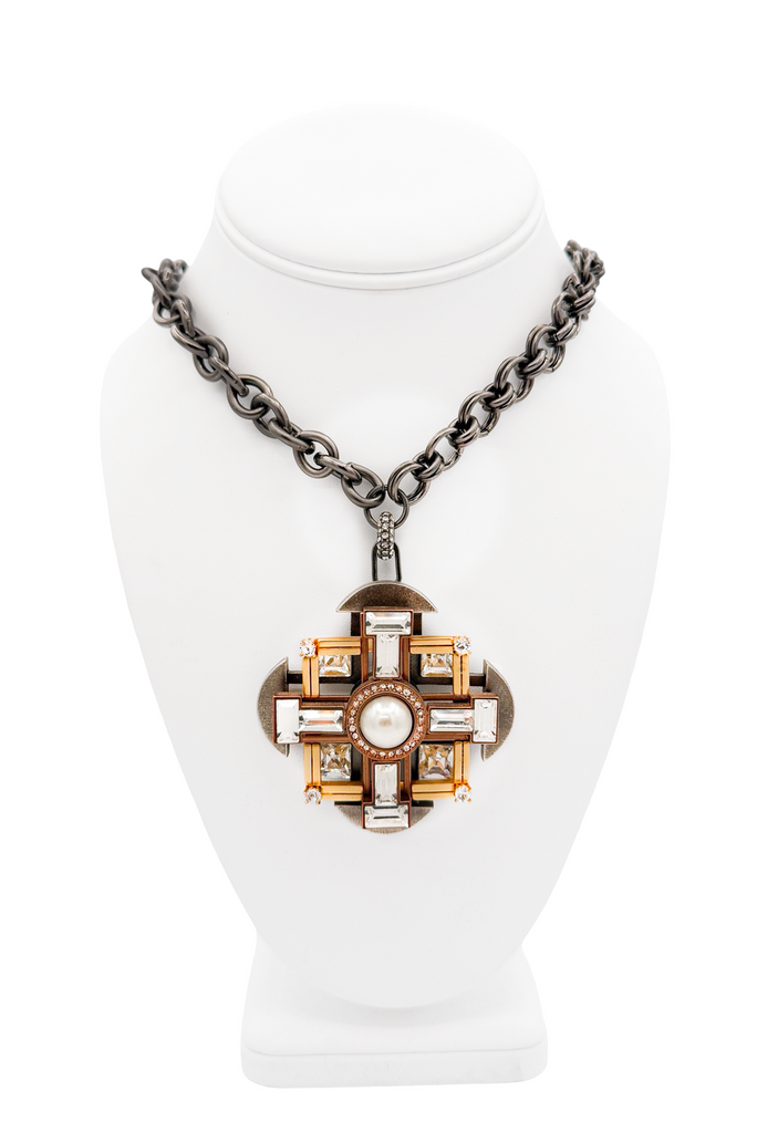 Lanvin Blackened Silver Gold Crystal Geometric Pendant Chain Link Necklace