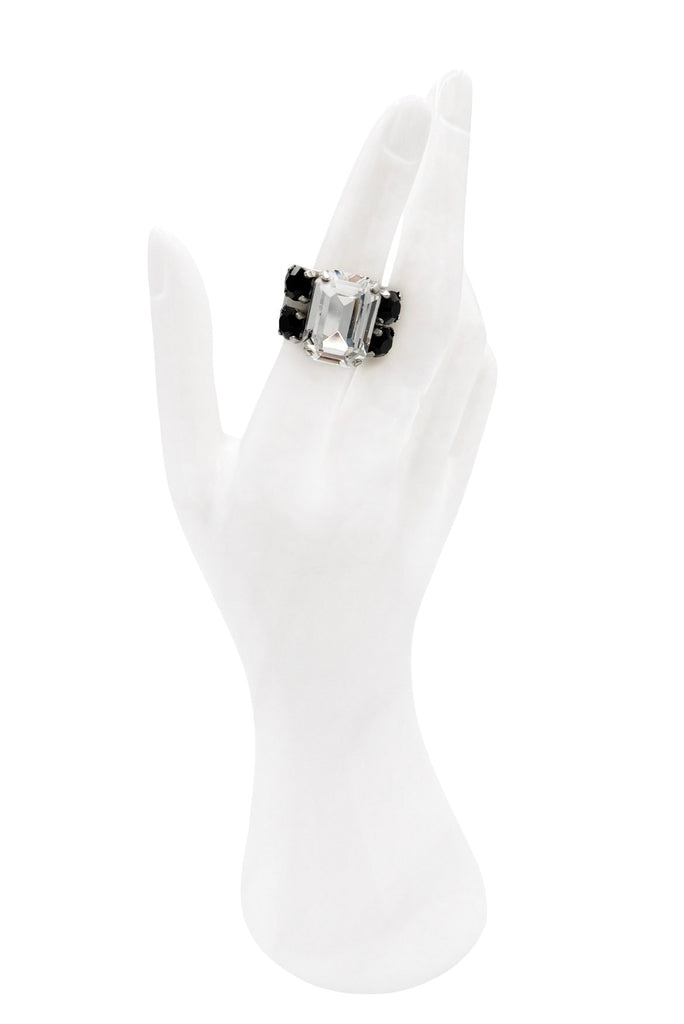 Etro Silver Black and Clear Rhinestone Crystal Cocktail Ring
