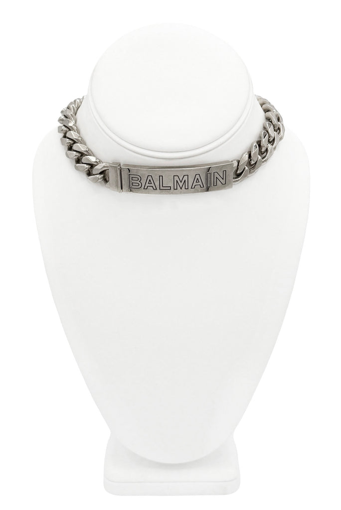 Balmain Silver Plate Logo Pendant Chain Link Choker Necklace