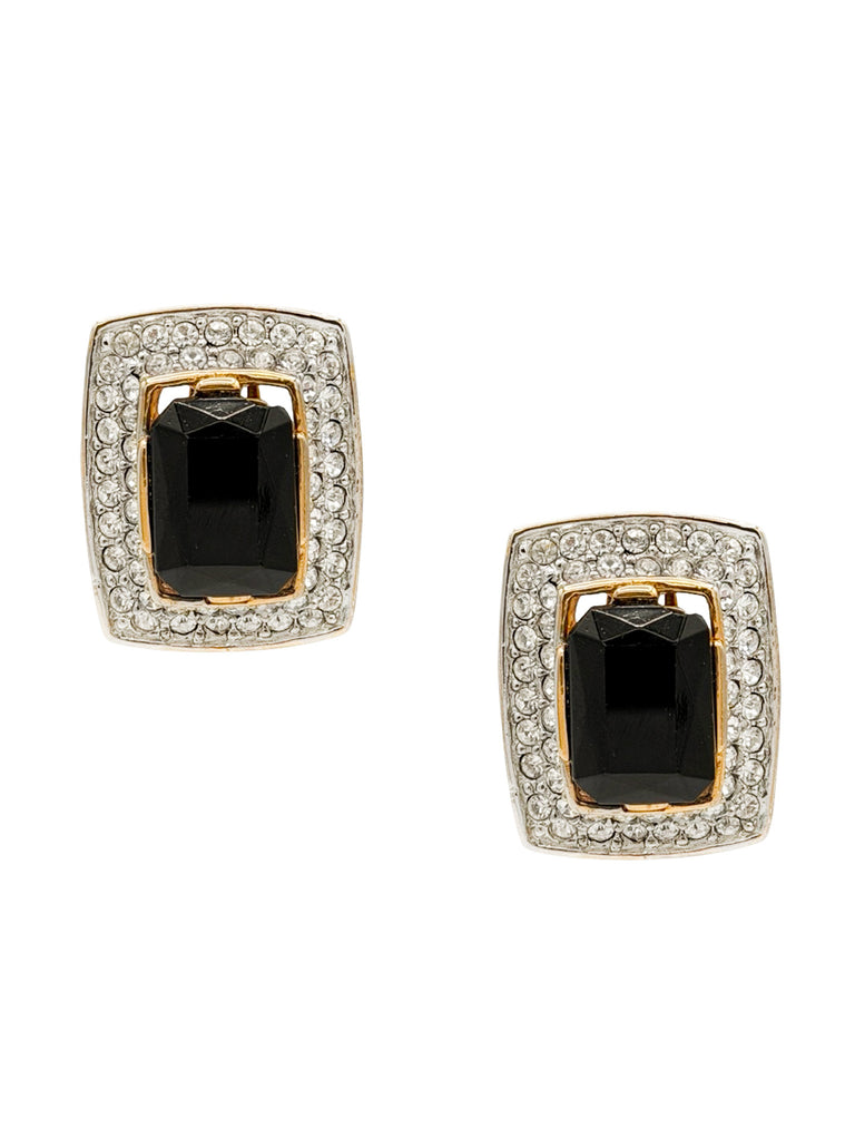Valentino Gold Silver Pavé Crystal Black Gemstone Rectangle Stud Earrings