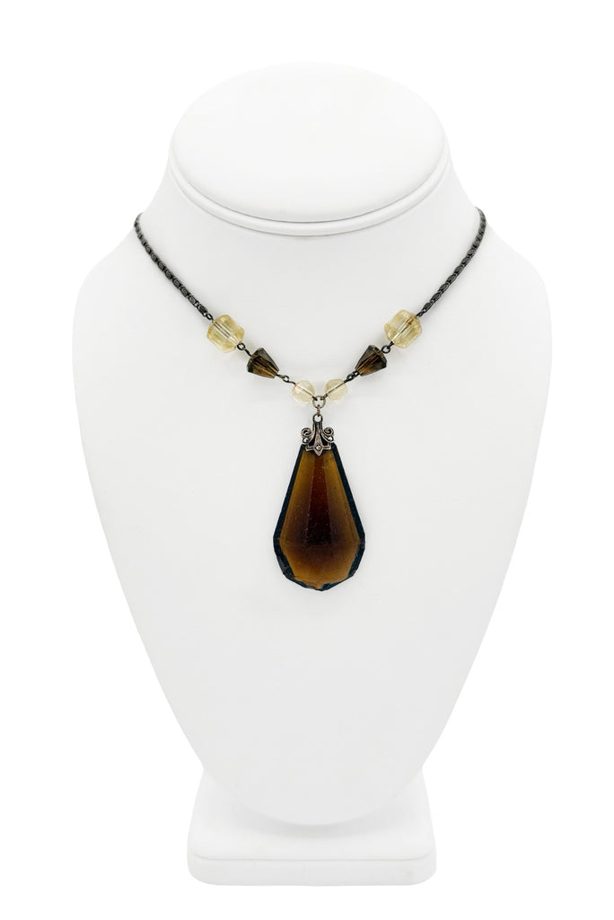 Vintage Silver Brown Tiger Eye Gemstone Pendant Bead Chain Necklace