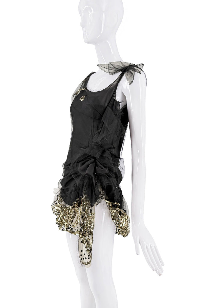 John Galliano Black Sheer Bow Gold Sequin Slit Mini Dress