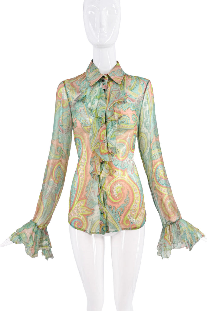 Dolce & Gabbana Green Yellow Pink Sheer Paisley Print Ruffle Button Down Blouse