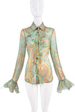Dolce & Gabbana Green Yellow Pink Sheer Paisley Print Ruffle Button Down Blouse