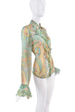 Dolce & Gabbana Green Yellow Pink Sheer Paisley Print Ruffle Button Down Blouse